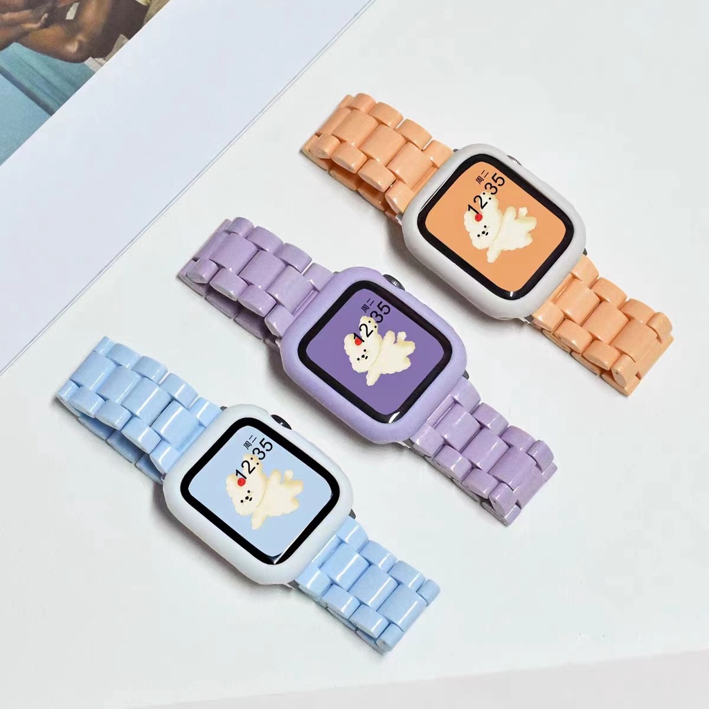 สายสีลูกกวาด + เคสป้องกันแบบนิ่ม สําหรับสมาร์ทวอทช์ซีรีส์ 7/6/5/4/SE สายสําหรับ iwatch 45/44/42/41/40/38 มม.