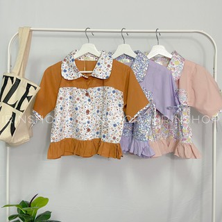 เสื้อแขนสั้นแต่งปกลายดอกจิ๋ว
