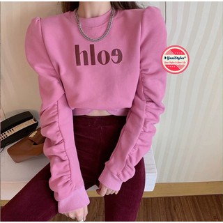 พร้อมส่ง เสื้อกันหนาวครอปพิมพ์ตัวอักษรกลับด้าน แขนยาวแต่งแขน สีชมพู Free Size