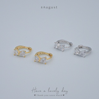 8August ต่างหูเงินแท้ ต่างหูห่วง ติดเพชร โบว์ น่ารัก สไตล์คุณหนู ขนาด 9mm Bow Hoop Earrings S925 (A28)