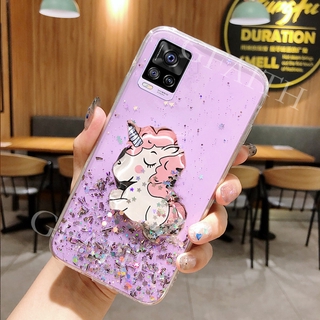 เคสโทรศัพท์ VIVO V20 Pro 2020 Cute Cartoon Unicorn Glitter Bling Transparent Softcase Full Stars With Water Stand Holder เคส เรียวมี VIVO V20 Pro