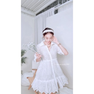 Mona Dress เดรสสั้นแขนพองทรงตุ๊กตา เนื้อผ้าลายฉลุสุดคิ้วท์