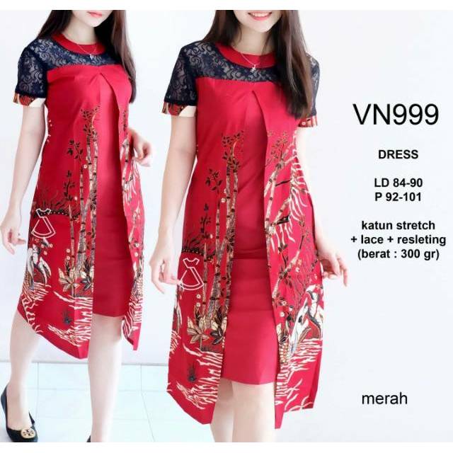 MERAH VN999 BATIK PARTY DRESS OFFICE UNIFORM PREMIUM RED ETHNIC BRUCADE MIX DRESS WHOLESALE