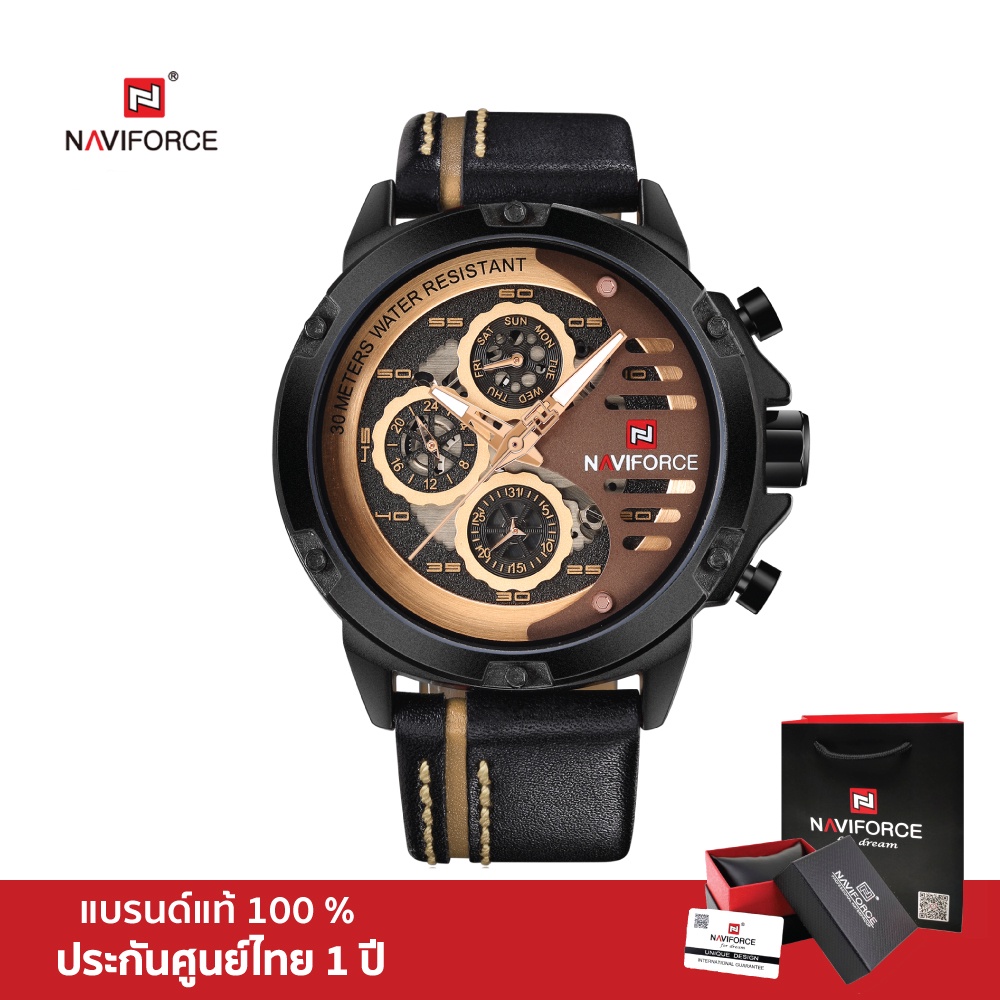 Naviforce นาฬิกาข้อมือผู้ชาย สปอร์ตแฟชั่น NF9110 A สายหนังสีดำ กันน้ำ ระบบอนาล็อก ประกันศูนย์ไทย