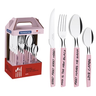 Tramontina ชุดช้อน ส้อม มีด สแตนเลส ด้ามจับ polypropylene รุ่น My Lovely Kitchen ชุด 16 ชิ้น - สีชมพู