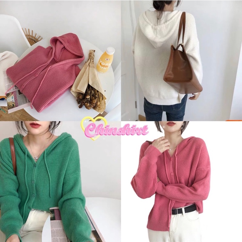 Chinshirt เสื้อแขนยาวไหมพรมทรงฮู้ด มีหมวกปรับสายได้ กระดุมแกะเม็ดออกได้