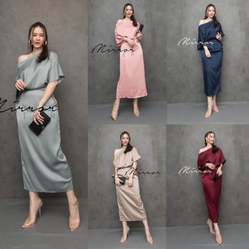 Mirrorsister #30823.1 เดรสไหล่ตก ปาดไหล่ ชุดออกงาน เดรสซาติน ชุดราตรี