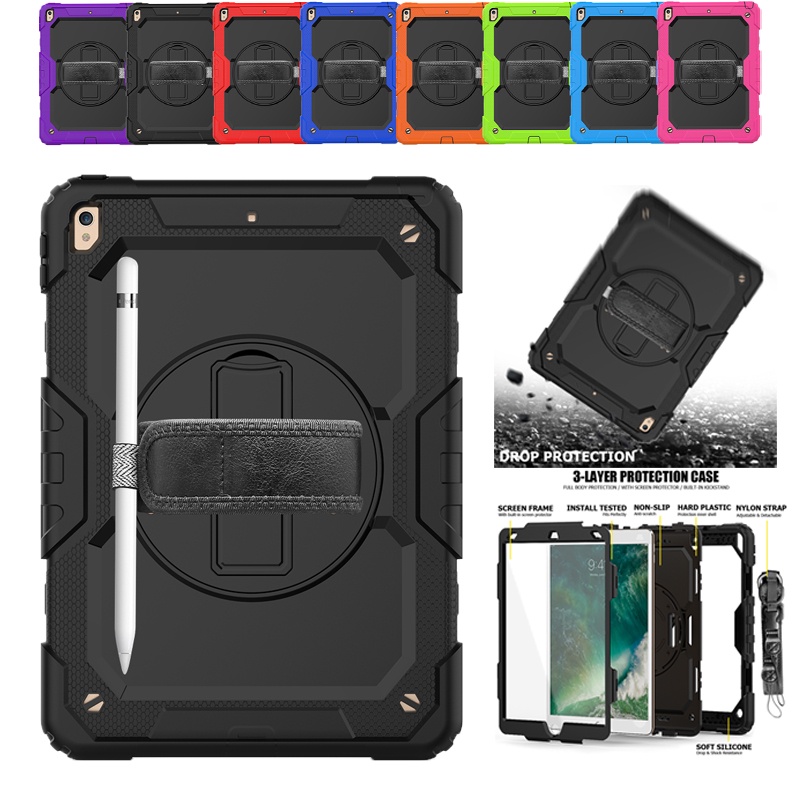 Shockproof Tablet Case for iPad mini4 5 iPad 5th 6th Gen 9.7 2017 2018 Pro 9.7 2016 Air2 9.7 2014 mini6 8.3 2021 Air3 10.5 2019 Pro 10.5 2017 Pro 12.9 2020 2021 Silicone Bezel Drop-Proof Protection Case Cover Rear Swivel Stand With Pen Slot Shoulder Strap