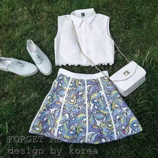 ชุดเซ็ทเสื้อครอปตัวสั้น+กป.ลายปลาคราฟ