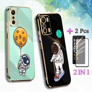 2 IN 1 Infinix Zero 5G เคสโทรศัพท์ ขอบตรง เคลือบไฟฟ้า เคสทาสี ซิลิโคนนิ่ม TPU เคสการ์ตูน พร้อมกระจกนิรภัยกันรอยหน้าจอ เซรามิค