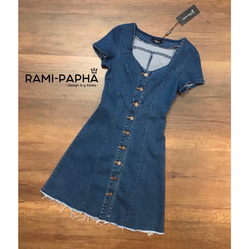 พรีออเดอ เดรส ผ้ายีนส์ เนื้อนิ่ม กระดุมหน้า ชายกระโปรงแต่งรุย งานป้าย RAMI-PAPHAรมิปภา