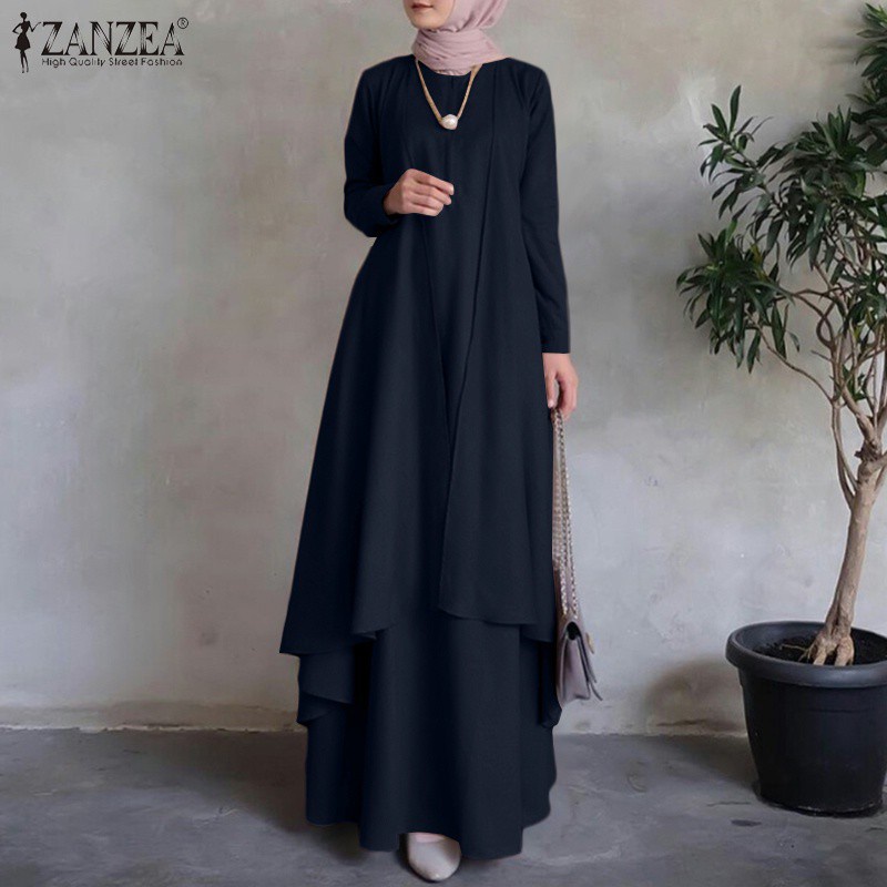 Zanzea ชุดแม็กซี่เดรส คอกลม แขนยาว สีพื้น สไตล์มุสลิม สําหรับผู้หญิง