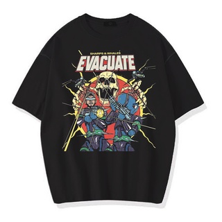 เสื้อยืดผ้าฝ้ายพิมพ์ลายแฟชั่นเสื้อยืด โอเวอร์ไซซ์ EVACUATE VINTAGE TEE (สีเทาเข้มและสีดํา)