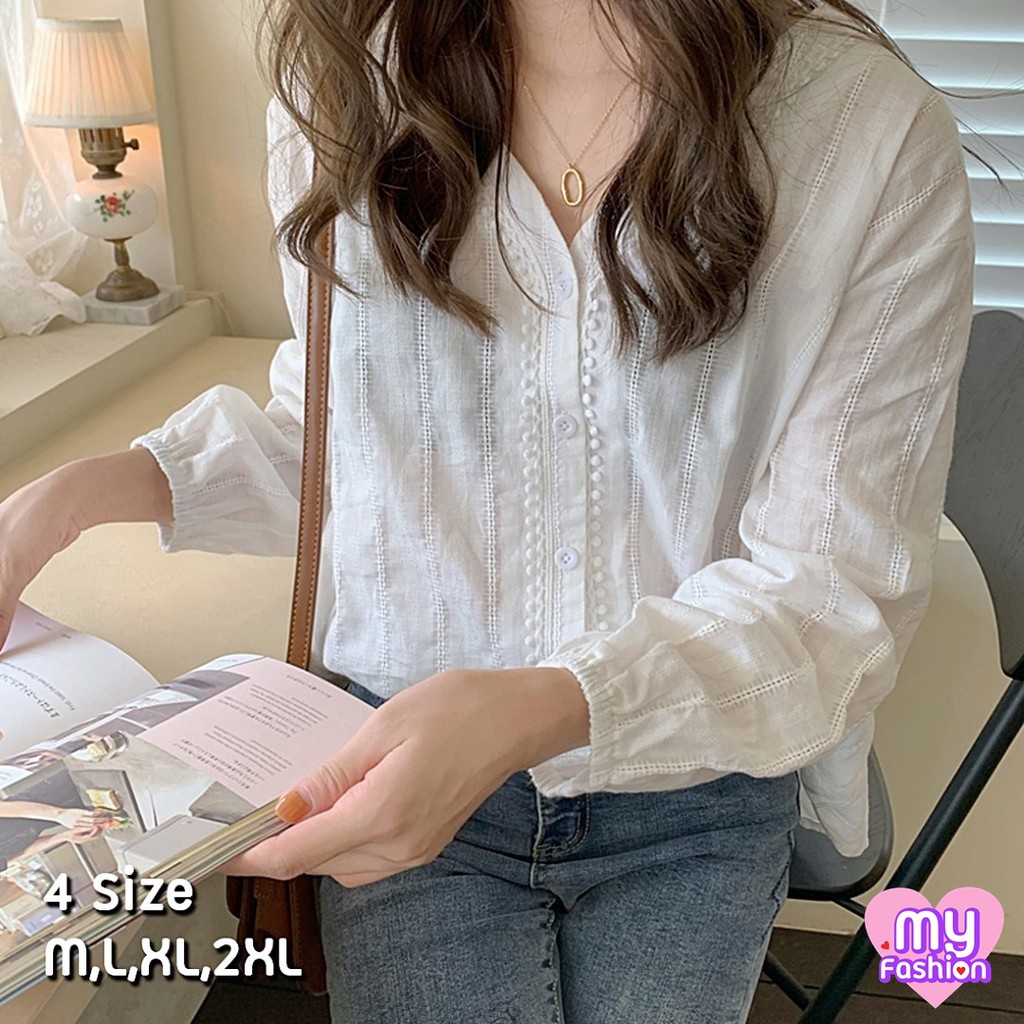 MYF มาใหม่ เสื้อแฟชั่นแขนยาวลูกไม้ฉลุ คอวี น่ารักสไตล์เกาหลี