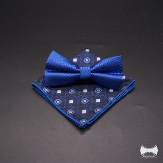 เซ็ทหูกระต่ายสีน้ำเงิน + ผ้าเช็ดหน้าสูท-Blue Bowtie + Pocket square