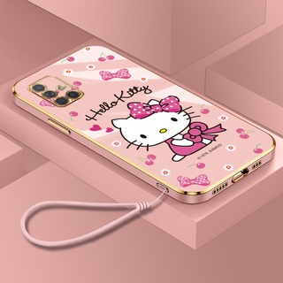 เคส Samsung Galaxy A71 5G A51 A31 A21S M51 M40S เคลือบบางเฉียบ สี่เหลี่ยม การ์ตูนน่ารัก Hello kitty เคสซิลิโคน พร้อมสายคล้อง เคสโทรศัพท์