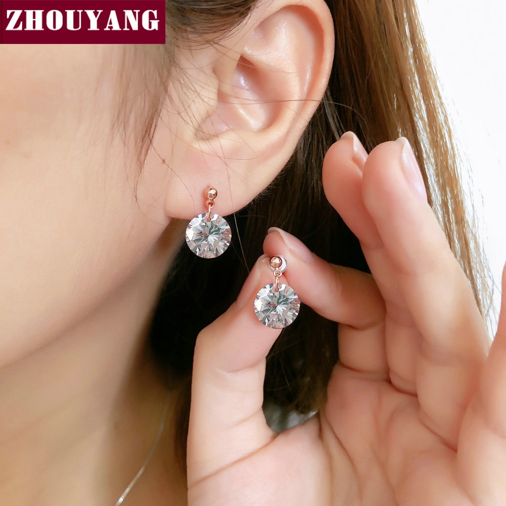 Zhouyang ต่างหู ประดับเพทาย สีโรสโกลด์ คลาสสิก เครื่องประดับแฟชั่น สําหรับผู้หญิง E153