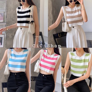 Cicishop(A608-1)เสื้อครอปแขนกุดผ้าไหมพรมknit ทอสลับสี เนื้อผ้าดีใส่แมทช์ง่าย