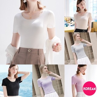 🎀Korean Fashion🎀เสื้อยืด คอกลม แขนสั้น ทรงเข้ารูป สีพื้น  6 สี ผ้านิ่มเด้ง