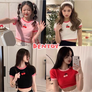 Bentoy(B1086)เสื้อครอปแขนสั้นไหมพรม ลายเชอรี่น่ารัก ไหมพรมแบบขนๆ นุ่มใส่สบาย