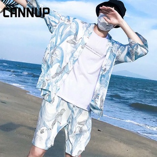 CANNUP  ชุดเสื้อเชิ้ตแขนห้าส่วนกางเกงขายาว   ทรงหลวมลายนกพิราบไม้ เหมาะกับเดินชายหาด  สไตล์ฮาวาย สําหรับผู้ชาย 2022ใหม่