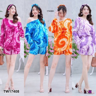 TW17408 set 3 ชิ้น เสื้อปาดไหล่แขนยาวลายมัดย้อม + กางเกงขาสั้น + โบว์ผูกผม