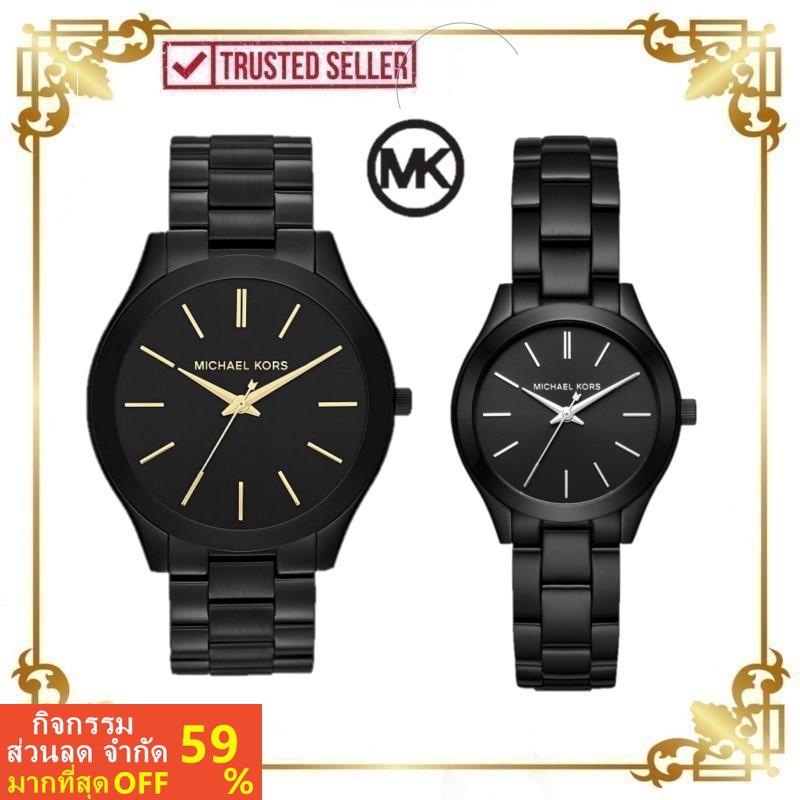 [100% ต้นฉบับ Michael Kors บางรันเวย์สีดำหน้าปัดสีดำไอออนชุบ Unisex นาฬิกาผู้หญิงแยม Tangan Wanita M