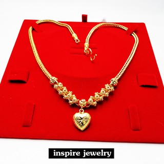 Inspire Jewelry ,สร้อยคอทองลายสี่เสาต่อลายดอกพิกุลห้อยหัวใจตอกลายแบบร้านทอง ยาว 18 นิ้ว ตามแบบ ปราณีตมาก งานแฟชั่น สีทอง