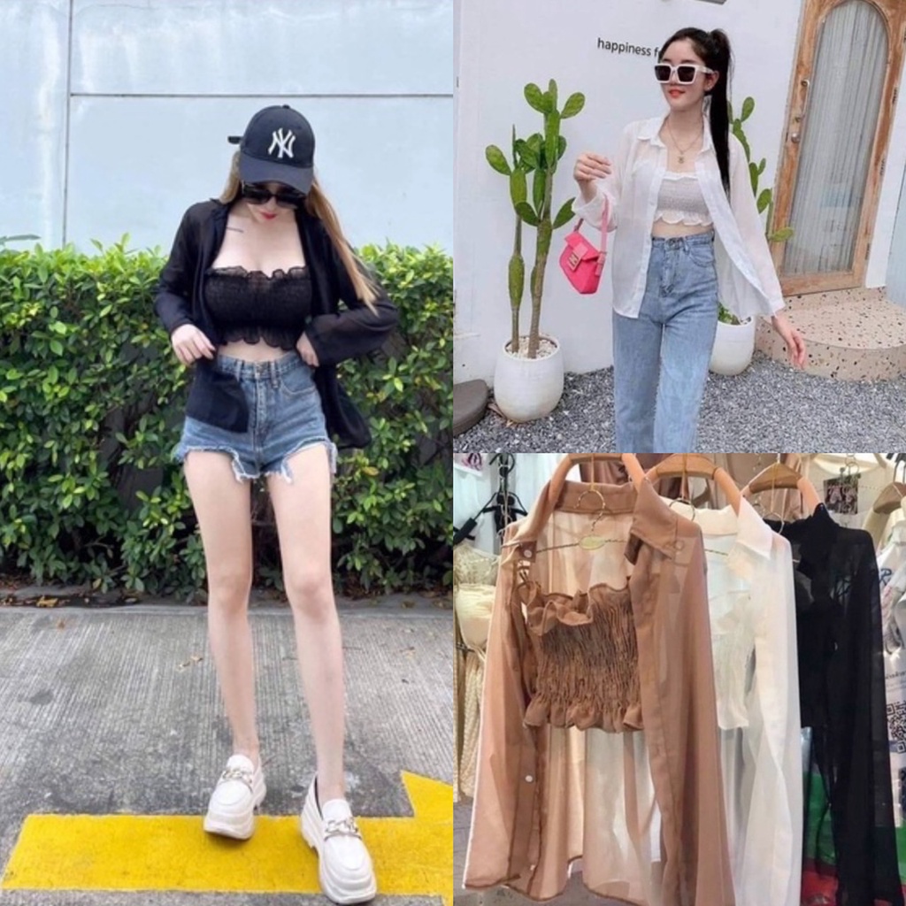 cropเซทเชิ้ต+เกาะอก เซ๊กซี่เบาๆ ผ้าซีฟองอย่างดี ใส่แล้วไม่ร้อน ใส่ได้ ไม่มีเอ้าท์เปิดไหล่ก็ได้ เปิดอกก็ดี แขนยาวดีเวอร์