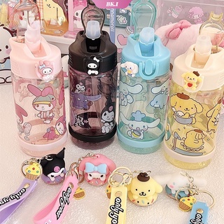 Kawaii Sanrio แก้วน้ําใส ลายการ์ตูน My Melody Cinnamoroll Kuromi ขนาดพกพา 500 มล. พร้อมหลอดดูด สําหรับเด็ก