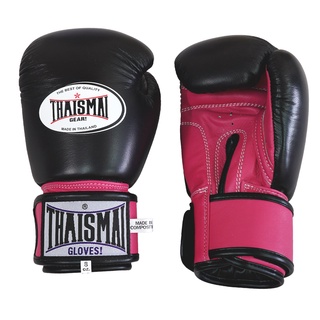 THAISMAI - BG124 นวมชกมวย นวมซ้อมมวย นวมต่อยมวย หนังแท้ สีดำ/บานเย็น ไทยสมัย Boxing Gloves Black/Pink Leather Muaythai