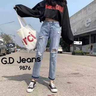 G.D.Jeans รุ่น 9876 #กางเกงยีนส์ผ้าด้านทรงกระบอกเล็กแต่งขาดฟอกปลายขา