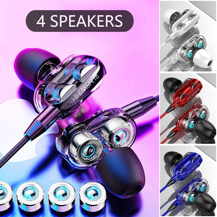 ส่งนาฬิกา4-ลําโพง Quad-core Dual Dynamic Driver 6D ชุดหูฟังเบสกีฬาหูฟังสเตอริโอ HiFi ชุดหูฟัง 3.5 มม.หูฟังแบบมีสายพร้อมไมโครโฟน