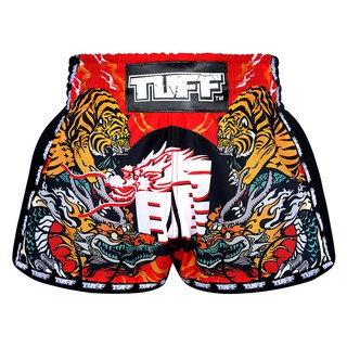 TUFF มวยไทย กางเกงมวยไทย เรโทร สีแดง เสือ มังกรTUFF Muay Thai Boxing Shorts New Retro Style Red Chinese Dragon and Tiger