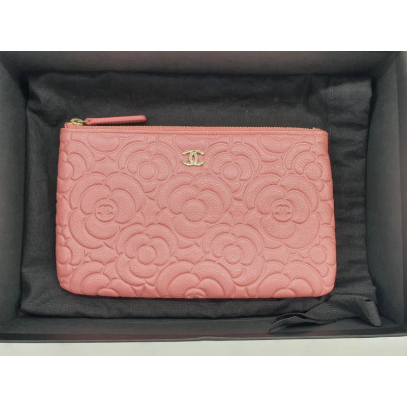Kept unused Chanel O Case 8" Pink Camellia Caviar GHW Holo 29