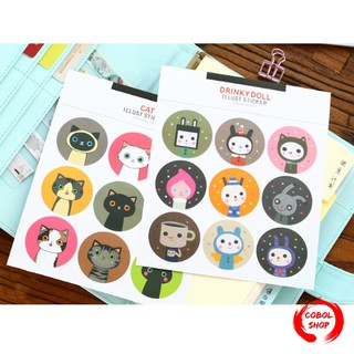 COBOL สติ๊กเกอร์กลม รูปหน้าแมว สติ้กเกอร์กันน้ำ ลอกออกยาก Cat Illust Sticker