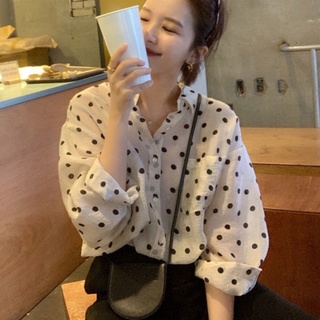 Korean style womens blouse, summer polka dot printing long-sleeved shirt