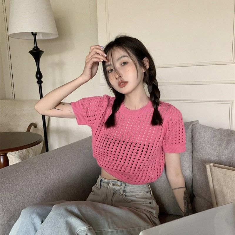 Vogue🌟พร้อมส่ง🌟 เสื้อถักไหมพรมแขนสั้น ซีทรูเบาๆสไตล์เกาหลีมาก (99025/99025-1-C) -N