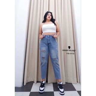 🌈👉#775-1(ผ้าไม่ยืด)​ทรงบอยกางเกงยีนส์แฟชั่นขายาวขูดขาดสวย