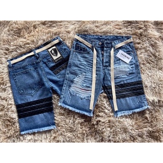 Krathing jeans กางเกงยีนส์ขาสั้นผู้ชาย แต่งแถบหนัง พร้อมเชือกมีไซส์ พร้อมส่ง