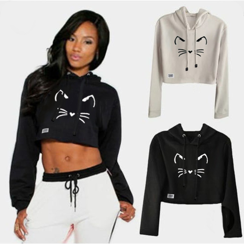 Harvional Cat Crop Top Hoodie โดยไม่ต้อง Face Size S - L