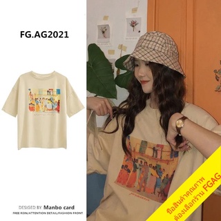เดรสคอกลมแขนสั้นพิมพ์ลายเสื้อยืดผู้หญิงโอเวอร์ไซส์ Oversize street เสื้อผ้าวัยรุ่นน่ารักสไตล์เกาหลี  เสื้อยืดแขนสั้นแฟชั
