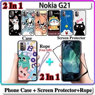 2 IN 1 เคส Nokia G21 พร้อมกระจกนิรภัยกันรอยหน้าจอโค้ง เซรามิค ลายแมวและโดราเอมอน