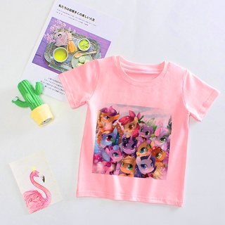 เสื้อยืด พิมพ์ลายการ์ตูน My Little Pony สีชมพู แฟชั่นฤดูร้อน สําหรับเด็กวัยรุ่น อายุ 3-13 ปี