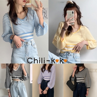 Chili_k❤️k❤️ 8198 พร้อมส่ง เสื้อแขน​ยาว​ลายทาง คอวี แขนพอง เน้นเอว ใส่แล้วหุ่น​ดีค่ะ