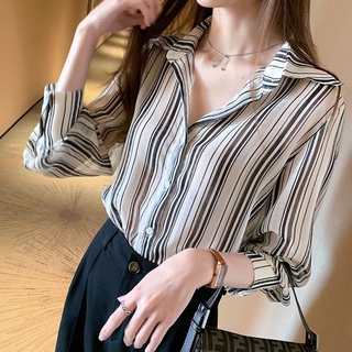 Mixmall เสื้อเชิ้ตไซส์ M-4XL เสื้อคาร์ดิแกนแขนยาวคอปก Stylish Stripe Women Classic Blouse Top Shirt  Premium Quality