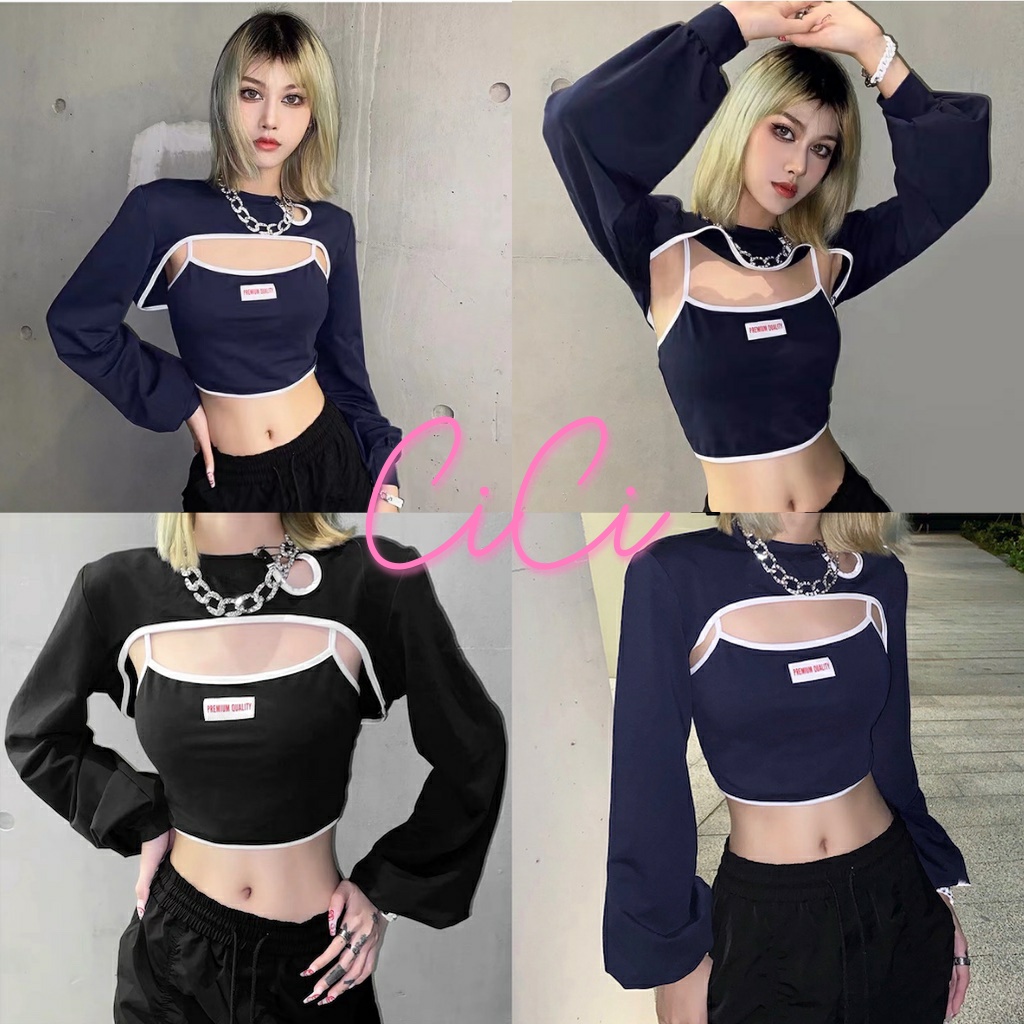 SALE 8.8 (NO.85083)SET 2ชิ้นเสื้อแขนยาวคลุมไหล่+สายเดี่ยว มินิเดรสคอกว้างลายทาง แต่งกระเป๋าหน้าใส่สบาย
