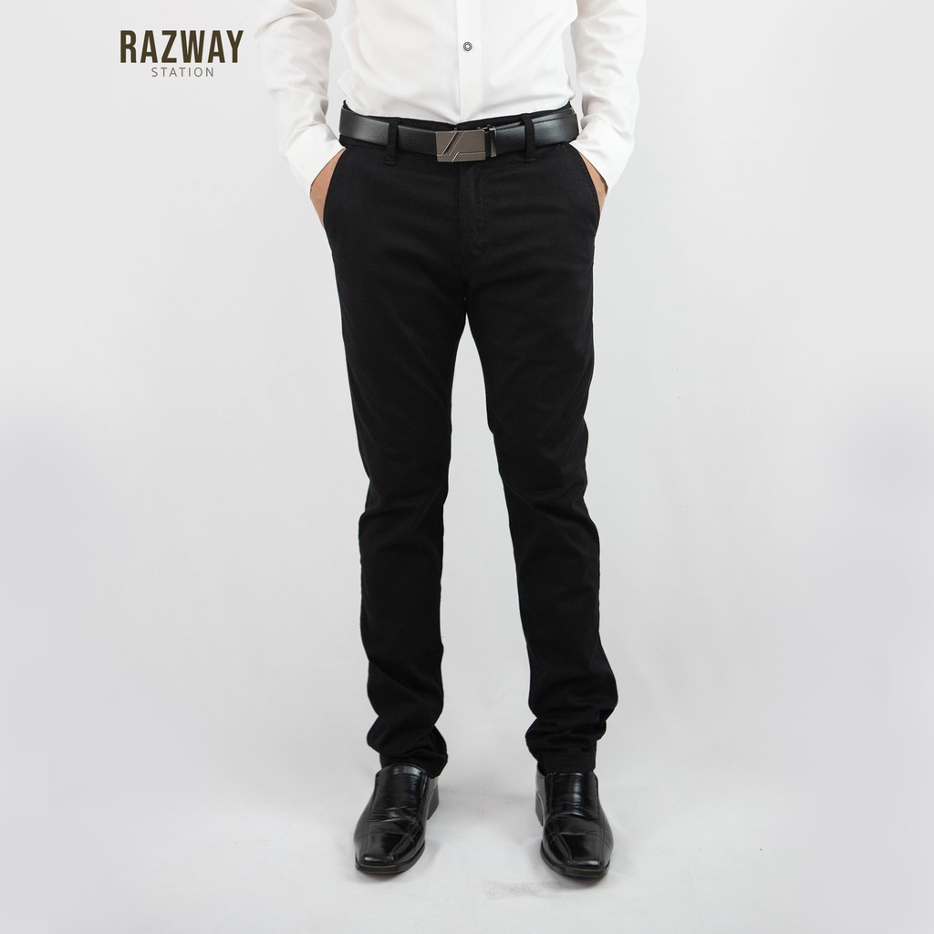 เสื้อเชิ้ตสีพื้น Razway กางเกงสแล็คชาย ผ้ายืด~ผ้าไม่ยืด ทรงกระบอกเล็ก กางเกงสแลคชาย สีดำ รุ่น RZ-605