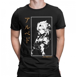 เสื้อยืดแขนสั้น คอกลม ผ้าฝ้ายแท้ พิมพ์ลายอนิเมะ Humor Albedo Genshin Impact สําหรับผู้ชาย