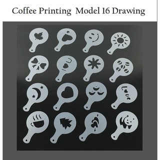 พิมพ์โรยผงแต่งหน้ากาแฟ แม่แบบสําหรับโรยผงกาแฟ คาปูชิโน ลาเต้ มี 16 แบบ Coffee Printing Model 16 Drawing